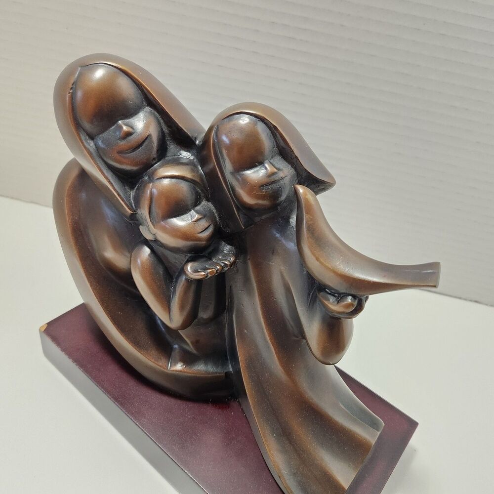 Vintage Herco Holy Family Bronze Sculpture 8"x 7"x 4" Mother 2 Children & Bird